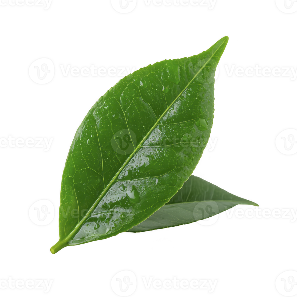 Fresh green leaf with water droplets on its surface, showcasing its vibrant color and natural texture. leaf is isolated on transparency background, highlighting its details png