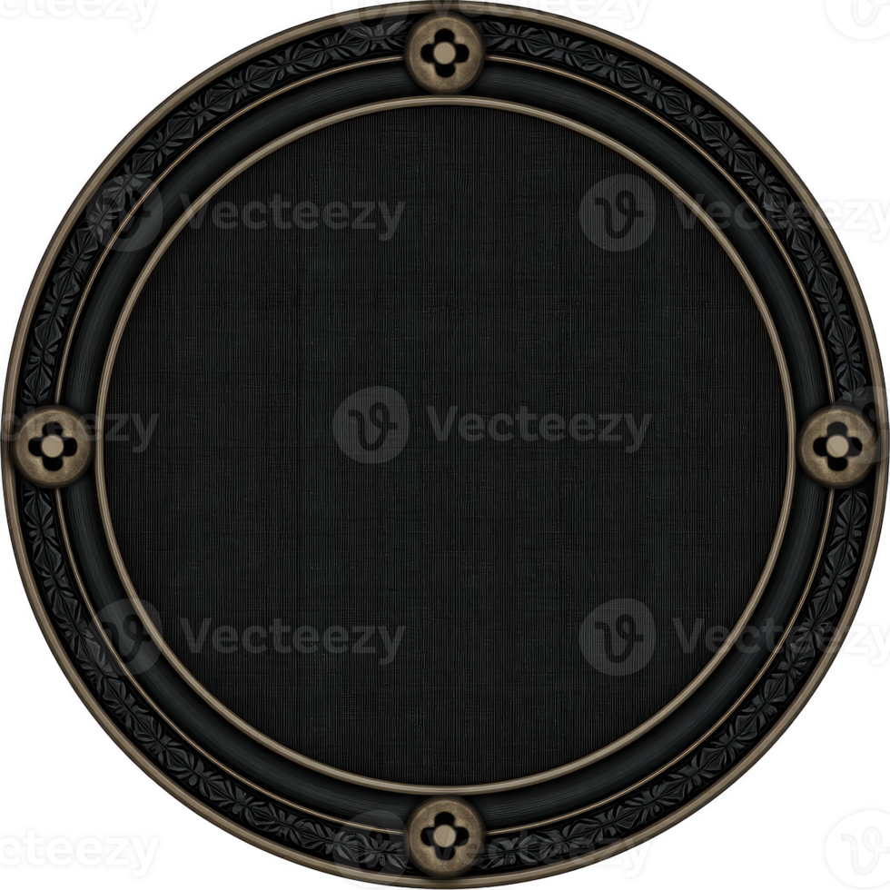 Round, ornate shield with dark surface and decorative metal accents featuring floral motifs at four points. design is intricate, suggesting historical or fantasy theme png