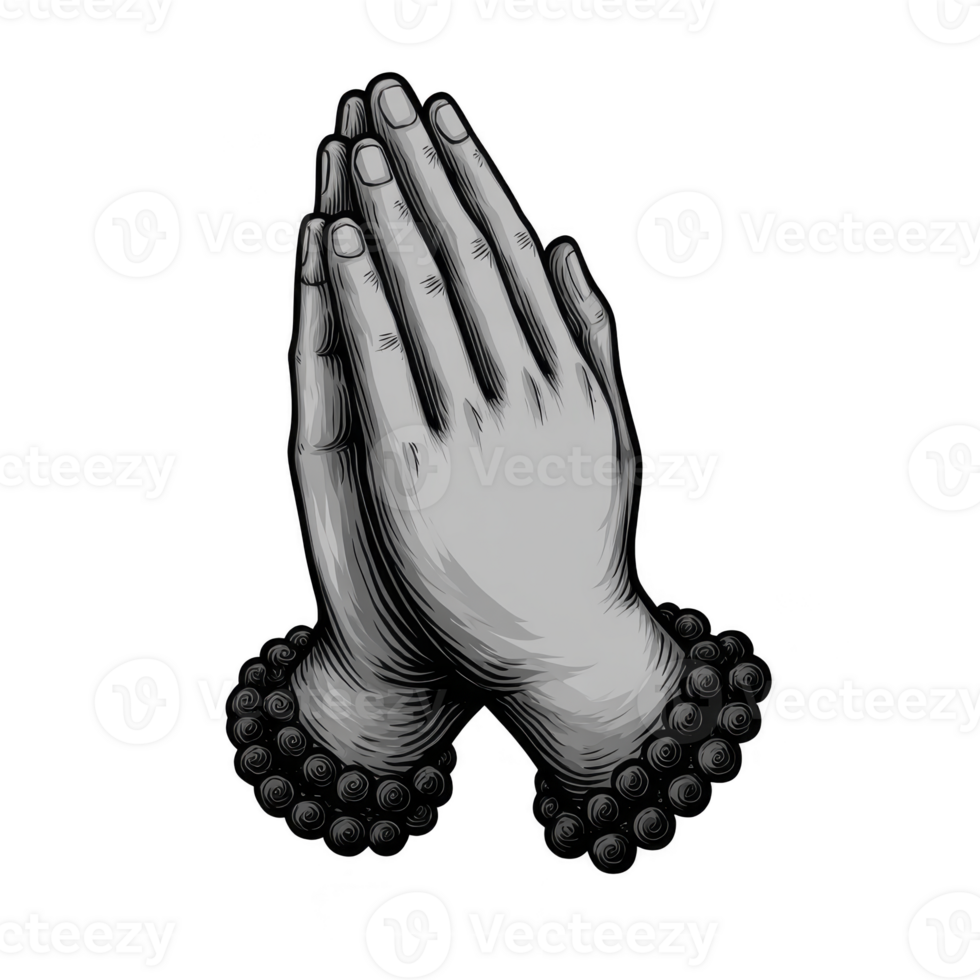 Praying hands illustration with rosary beads, symbolizing spirituality and devotion. grayscale design emphasizes peace and reflection png