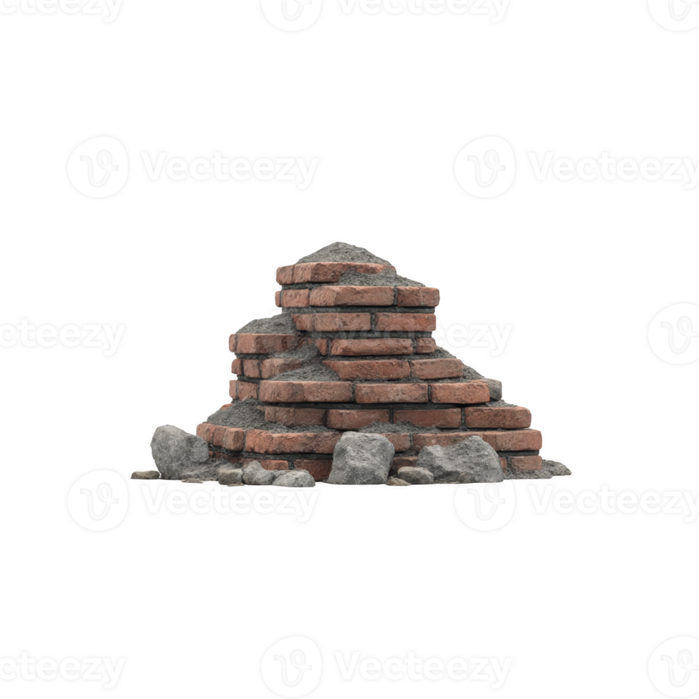 Pile of broken red bricks and gray stones is stacked in heap, suggesting scene of construction or demolition. rough texture and scattered arrangement evoke sense of decay or rebuilding png