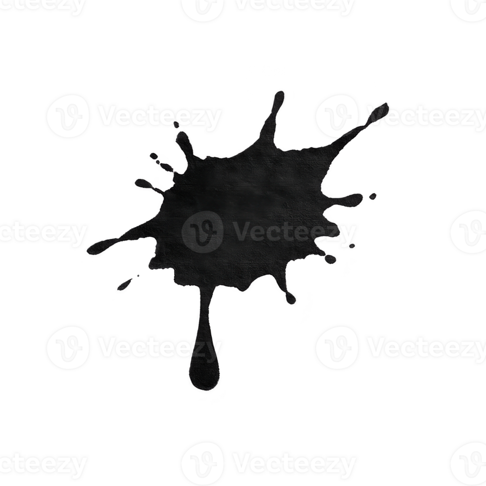 Black ink splatter with irregular edges and droplets on transparency background, creating bold and artistic effect. This abstract design can be used for creative projects png