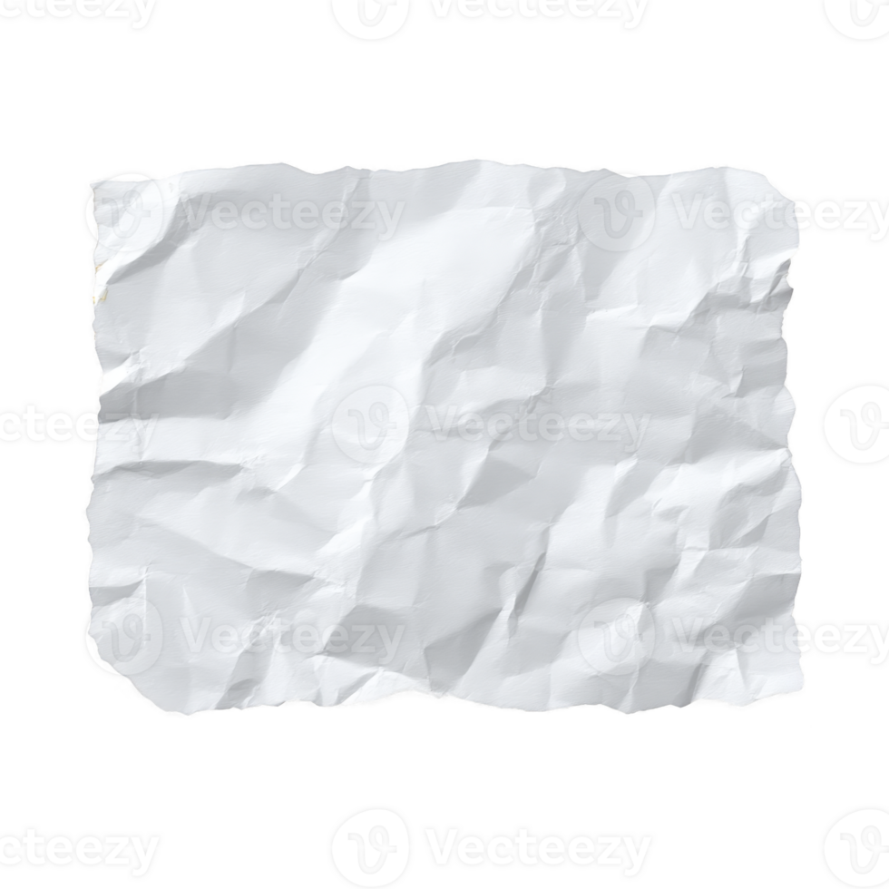 Crumpled white paper sheet with visible creases and texture, isolated on transparency background. paper appears to be slightly wrinkled, giving it realistic and tactile appearance png