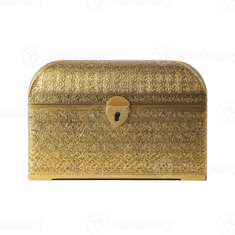 Ornate golden treasure chest with intricate patterns and keyhole, evoking sense of mystery and elegance. detailed craftsmanship highlights its luxurious appearance png