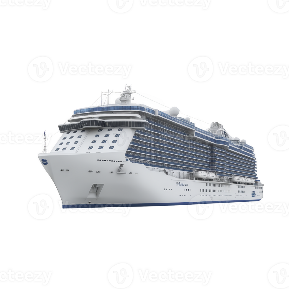 Large, modern cruise ship with multiple decks and lifeboats is shown against transparency background. ship features sleek design, numerous windows, and spacious upper deck area png