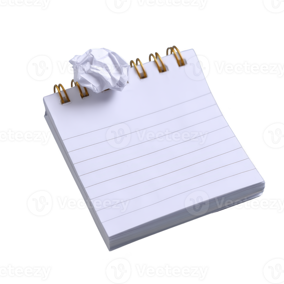Spiral bound notepad with lined pages is shown with crumpled piece of paper on top, suggesting brainstorming or discarded ideas. background is plain, emphasizing notepad png