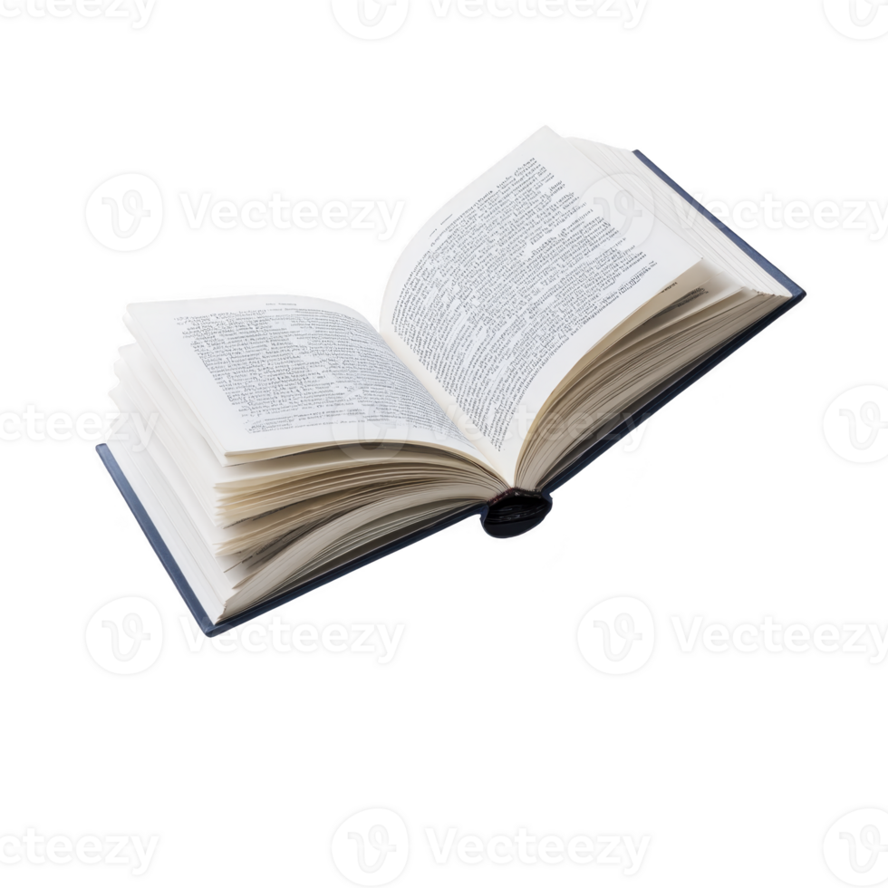 Open book with visible text on its pages, lying flat and slightly curved, showcasing its white pages and black text. book appears to be hardcover with simple design png