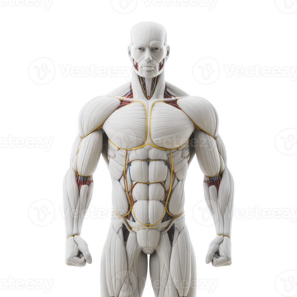 Detailed anatomical illustration of human muscular system, showcasing front view of male figure with clearly defined muscles and tendons. image highlights complexity and structure of human anatomy png