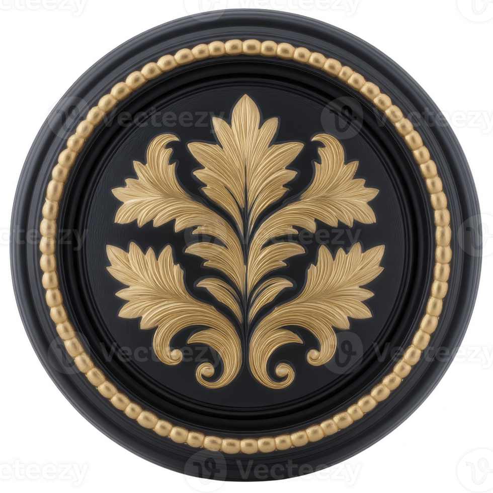 Ornate gold leaf design on black circular background, featuring intricate detailing and border of gold beads, creating elegant and luxurious appearance png
