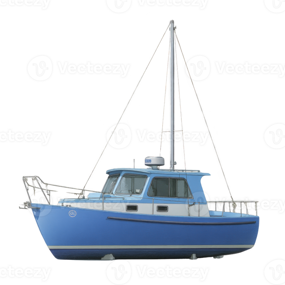 Blue motorboat with cabin and mast is isolated on transparency background, showcasing its sleek design and nautical features. boat appears ready for maritime adventure png