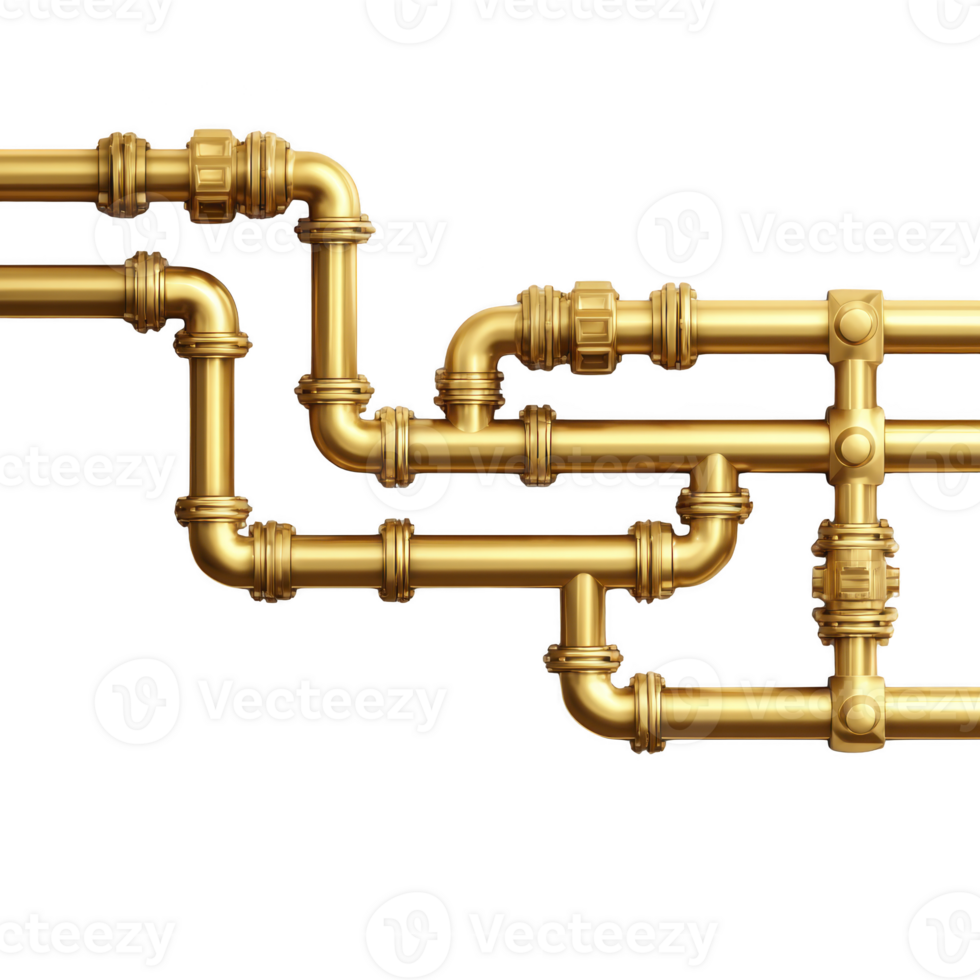 Golden pipes with intricate connections form complex network against transparency background, showcasing industrial design and engineering precision. metallic shine adds luxurious touch png