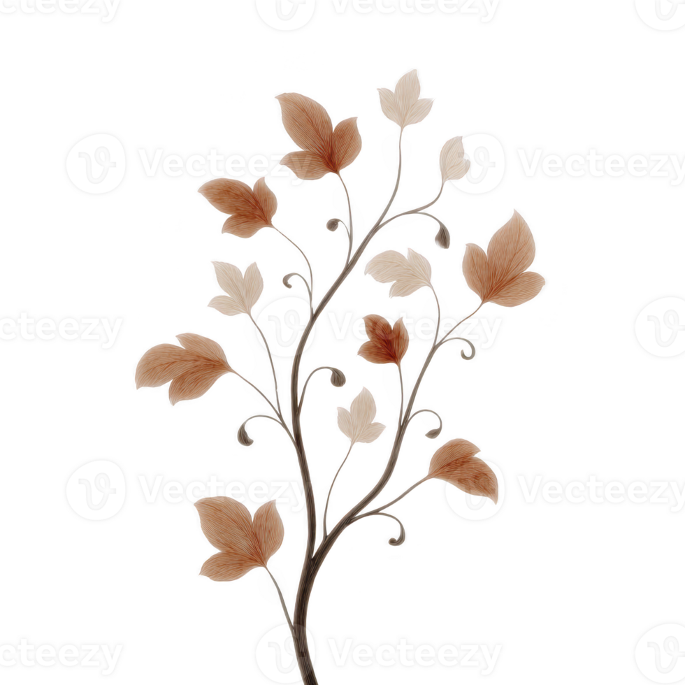 Delicate illustration of branch with brown and cream leaves, showcasing natural and elegant design. leaves are arranged in flowing pattern, creating sense of movement and grace png