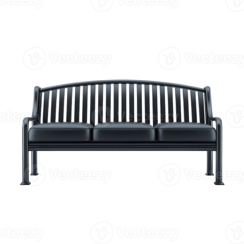 Sleek black metal bench with slatted backrest and three cushioned seats, perfect for outdoor or indoor use, offering modern and comfortable seating option png