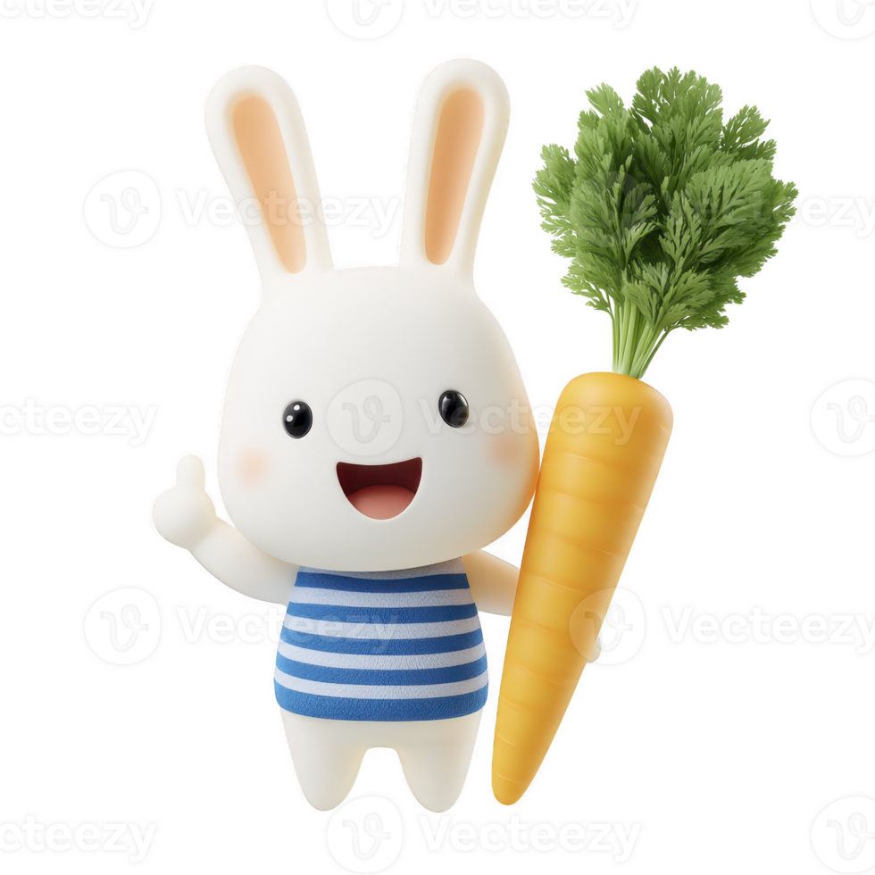 Cute cartoon rabbit with joyful expression holds large carrot, wearing blue striped shirt. character is designed in playful, colorful style, appealing to children png