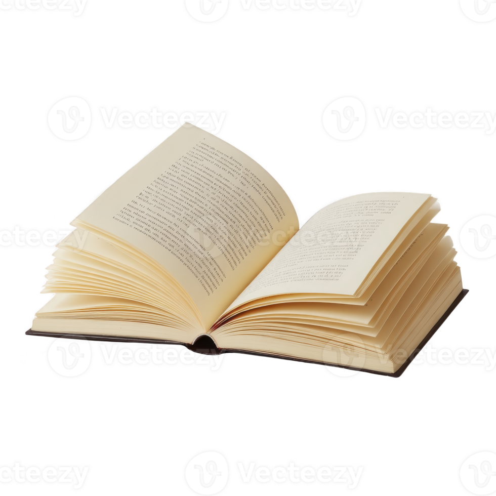 Open book with visible text on its pages, showcasing classic and educational theme. book is positioned against plain transparency background, emphasizing its pages and binding png