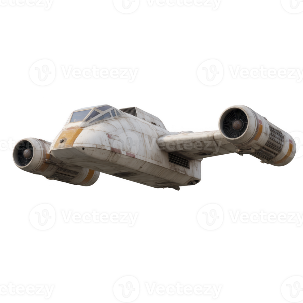 Futuristic spacecraft with dual engines and sleek design, flying through space. ship has weathered appearance, suggesting extensive use png