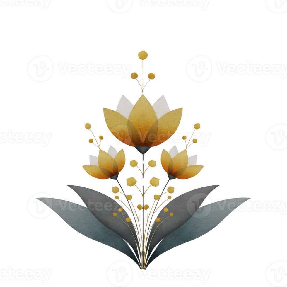 Digital illustration of stylized golden flowers with gray leaves, featuring symmetrical design and minimalist aesthetic. artwork combines elegance and simplicity png