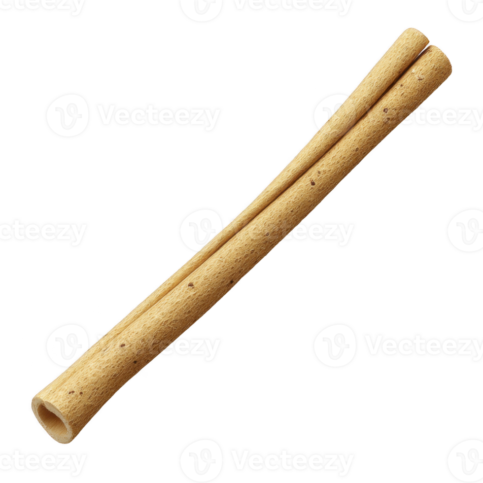 Single, long, cylindrical wafer roll with light brown color and small dark specks is shown against plain background. texture appears crispy and delicate png