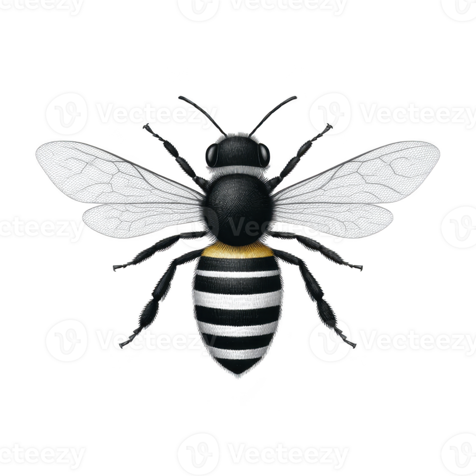 Detailed illustration of bee with transparent wings and striped black and white body, showcasing its intricate anatomy. bee is depicted in realistic style against plain background png