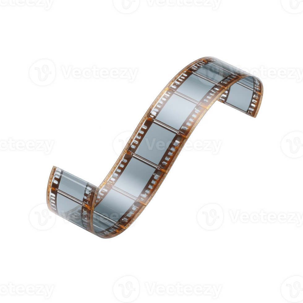 Twisted strip of vintage film with reflective surface creates dynamic and nostalgic visual. film curvature adds sense of movement and creativity png