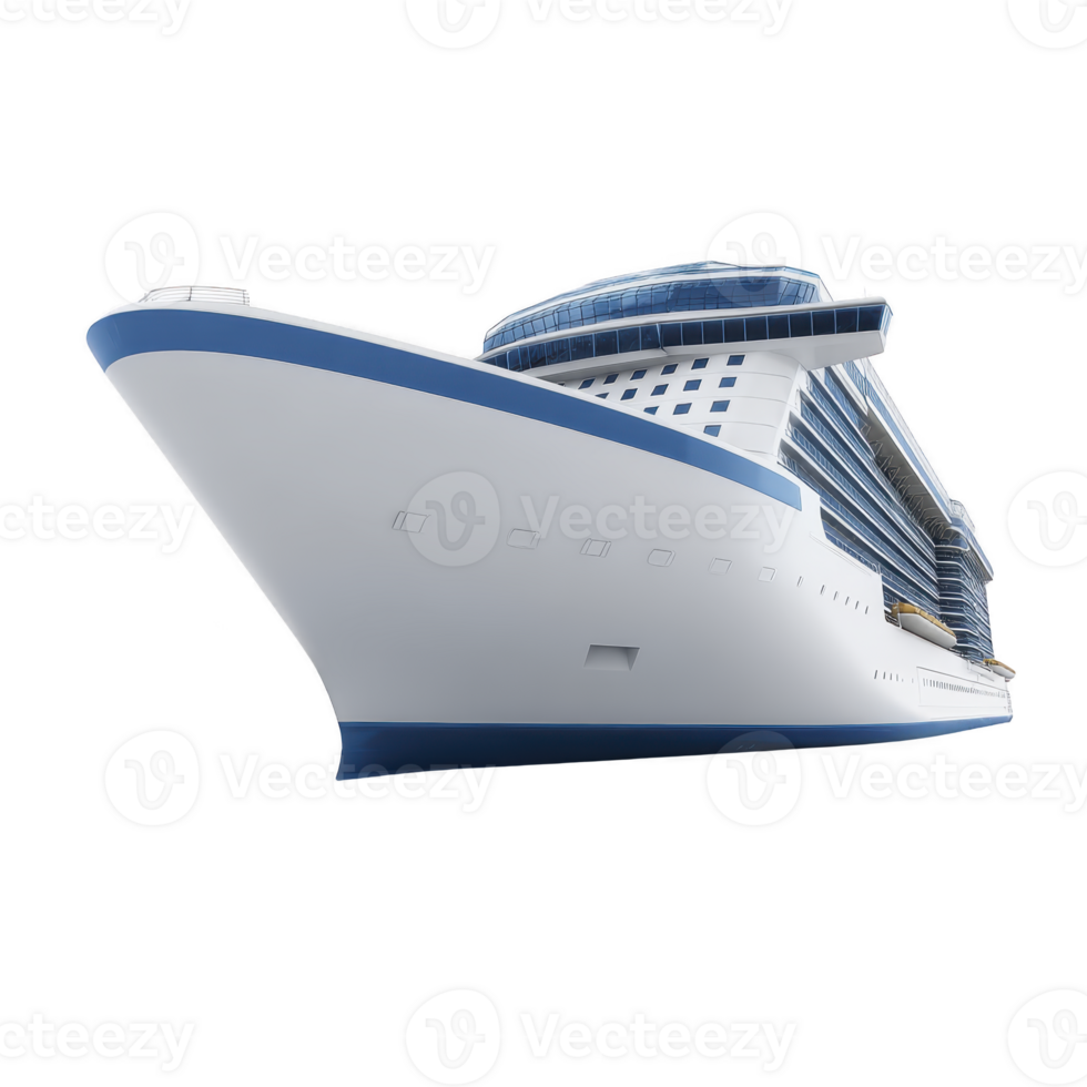 Large, modern cruise ship with sleek design and blue accents is shown from low angle, emphasizing its grandeur and luxury. ship multiple decks and windows suggest spacious accommodations png