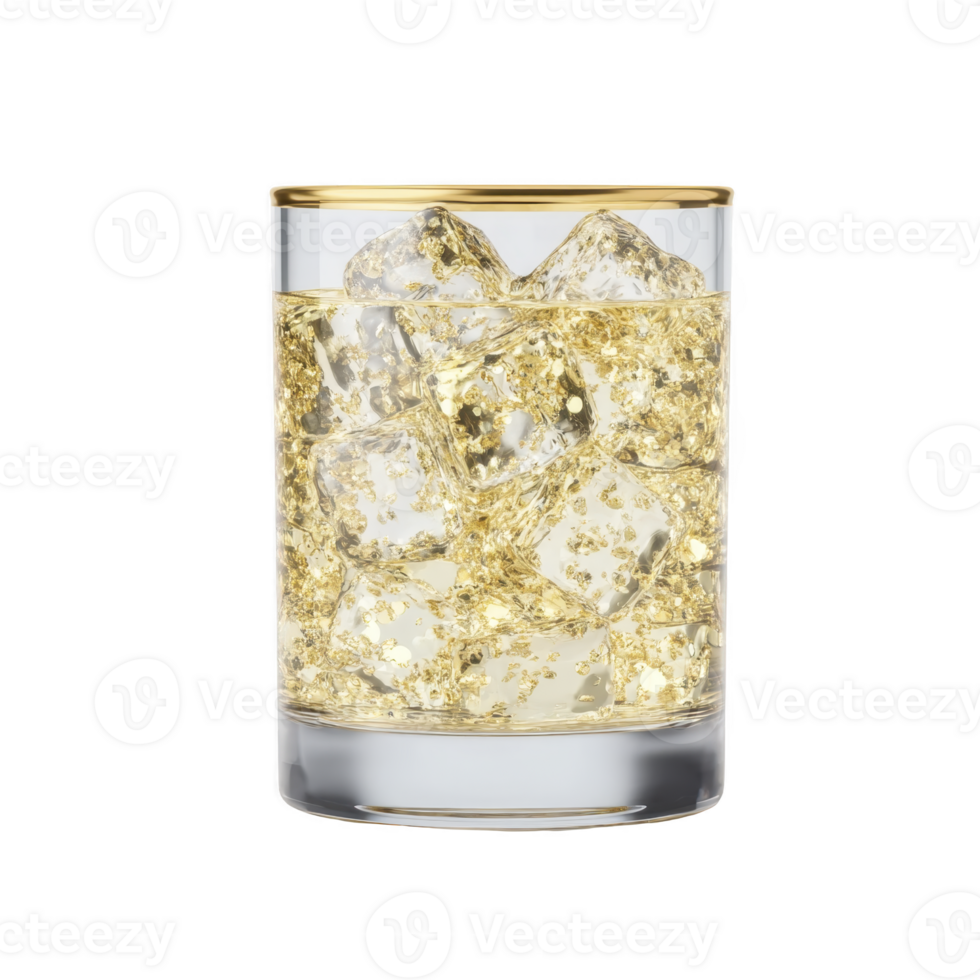 Glass filled with sparkling golden liquid and ice cubes, creating luxurious and refreshing appearance. clear glass showcases shimmering effect of drink, adding elegance png