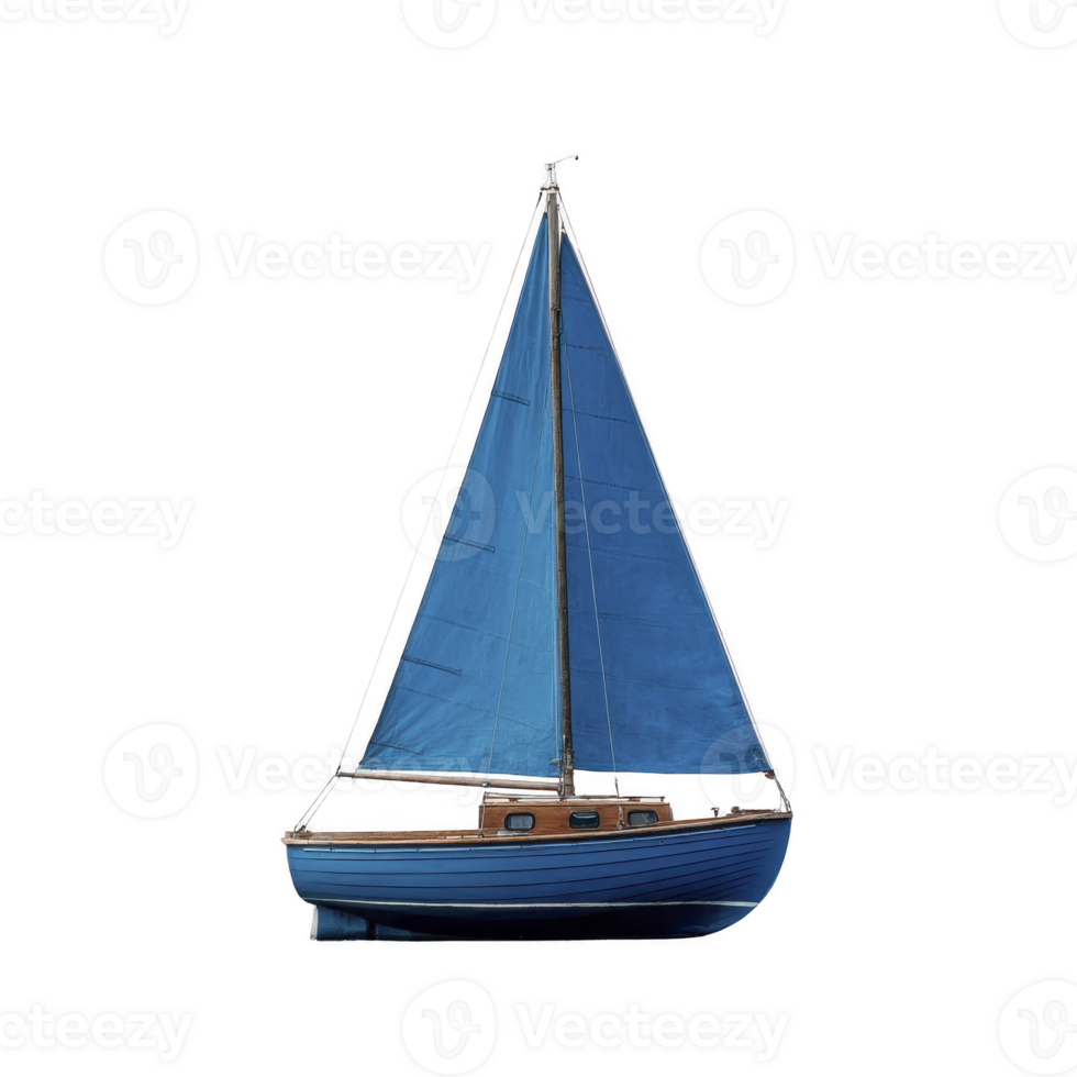 Blue sailboat with tall sails stands isolated against transparency background, showcasing its sleek design and nautical charm. boat wooden accents add classic touch png