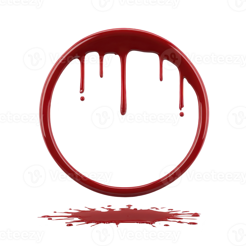 Red circle with dripping paint creates dramatic and artistic effect, resembling blood. paint drips downwards, forming splatter beneath circle, adding sense of intensity png