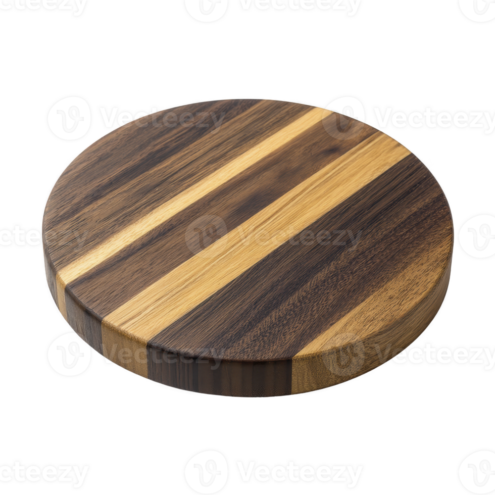 Round wooden cutting board with striped pattern of light and dark wood, showcasing smooth finish and natural texture. Ideal for kitchen use or as serving platter png