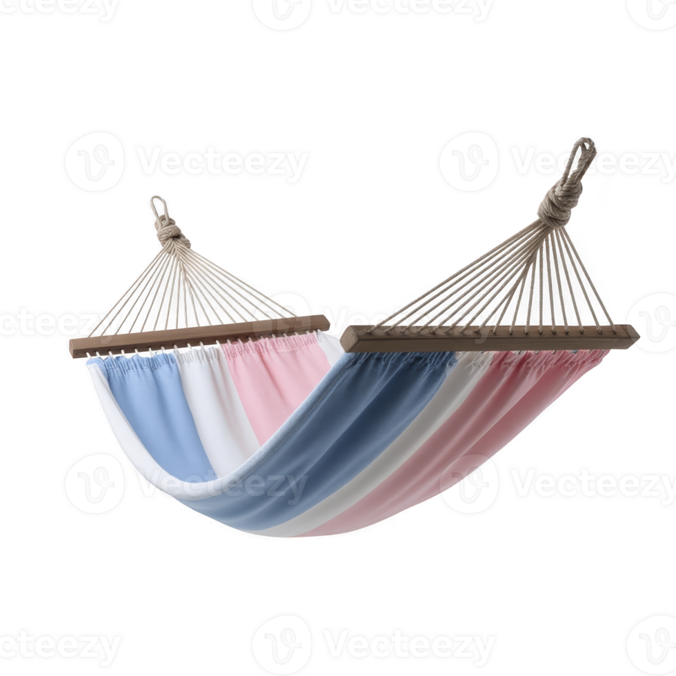 Colorful hammock with pink, blue, and white stripes is suspended by sturdy ropes, creating relaxing and inviting atmosphere. Perfect for outdoor leisure and comfort png