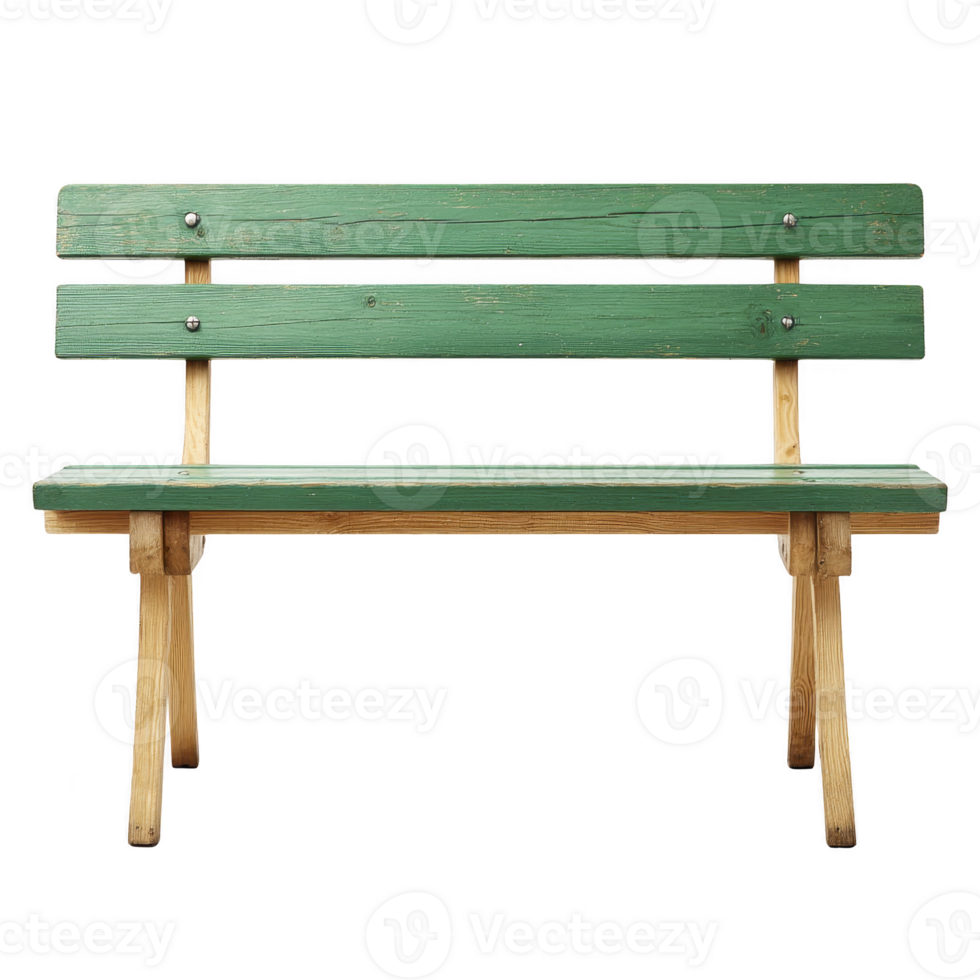 Simple wooden bench with green painted backrest and seat, featuring natural wood frame, stands isolated on transparency background. bench exudes rustic charm, ideal for outdoor settings png