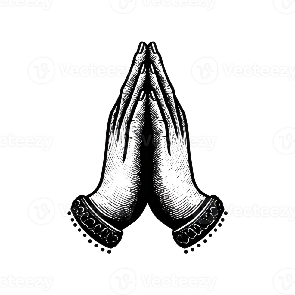 Praying hands illustration with detailed line art, showing two hands pressed together in gesture of prayer or gratitude, surrounded by decorative border png