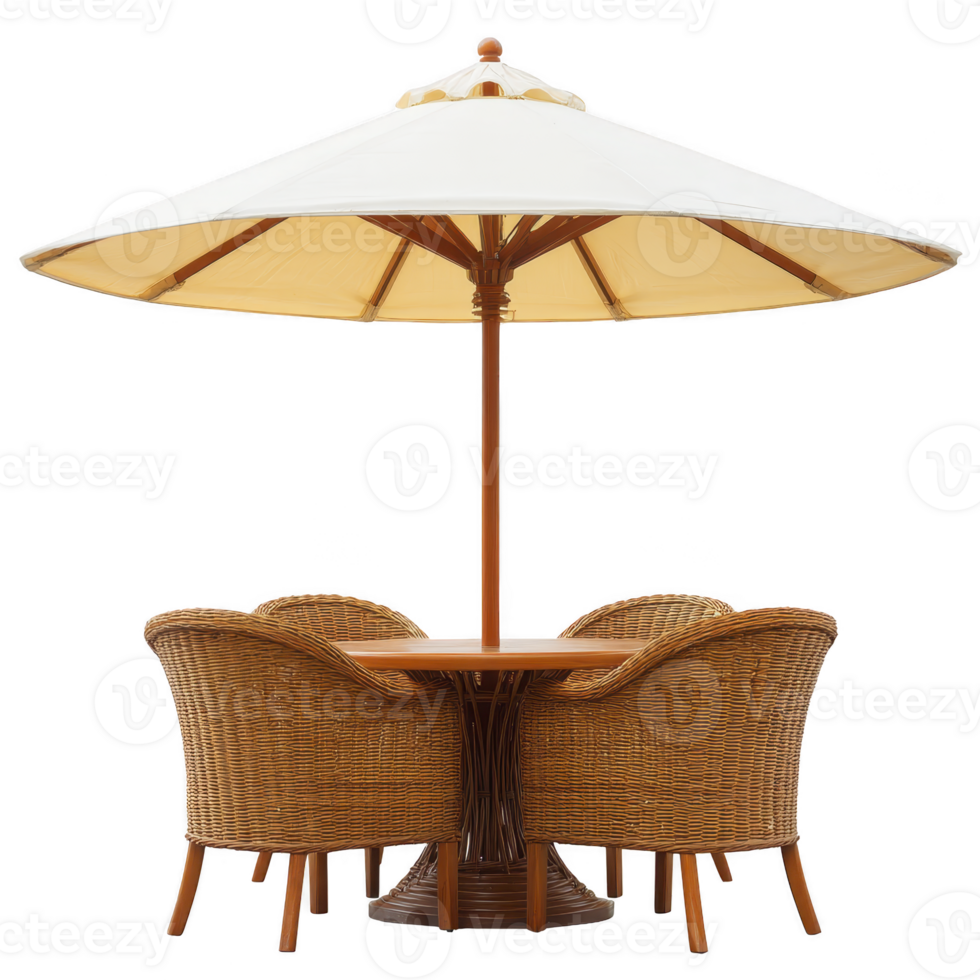 Wicker patio set with large umbrella includes round table and four chairs, perfect for outdoor relaxation. natural tones and elegant design create cozy atmosphere png