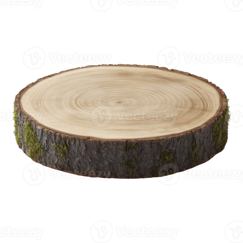 Round wooden tree slice with visible growth rings and moss on bark, perfect for rustic decor or crafts. natural texture adds charming, earthy feel png