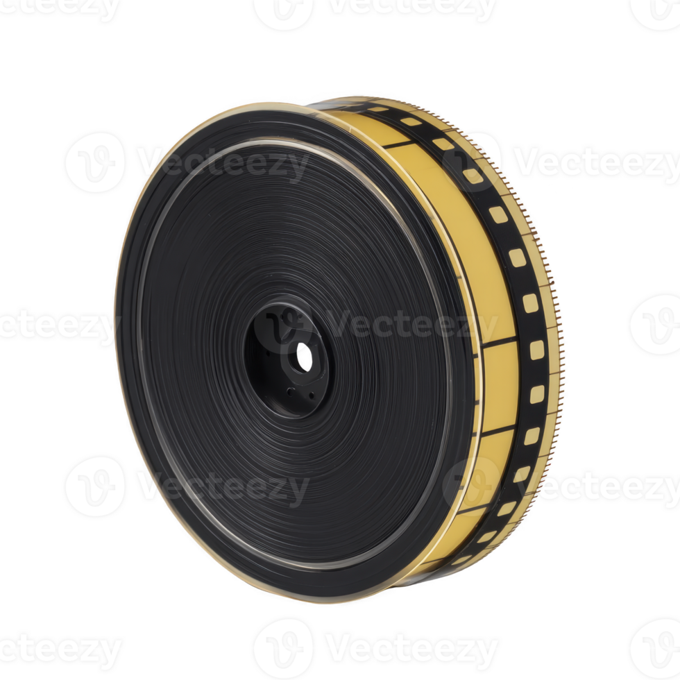 Vintage film reel with black and yellow design, showcasing classic cinema aesthetics. reel is circular with visible film strip holes, evoking nostalgia for traditional filmmaking png