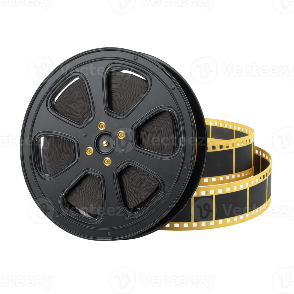 Black film reel with golden filmstrip evokes sense of nostalgia and classic cinema. reel is detailed and shiny, symbolizing art of filmmaking and storytelling png