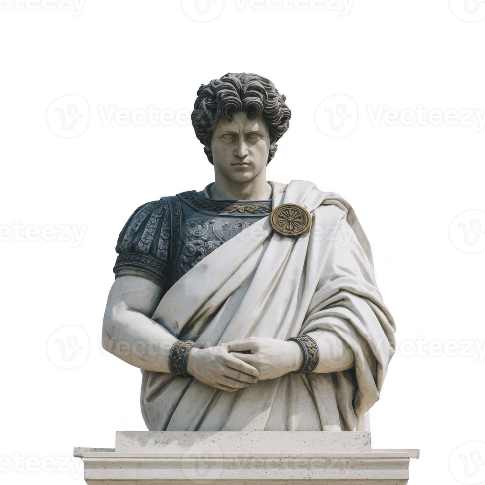 Marble statue of Roman emperor stands with solemn expression, draped in toga and adorned with intricate armor. detailed craftsmanship highlights historical significance and artistic elegance png