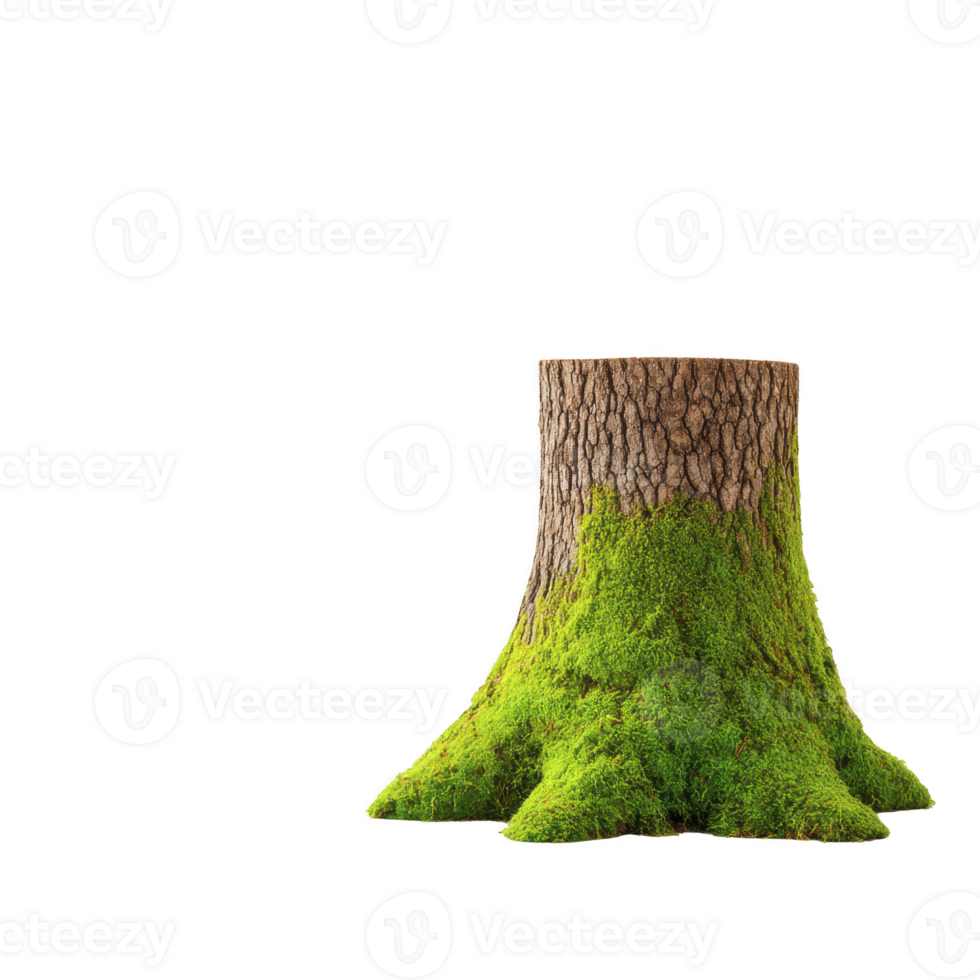Tree stump covered in vibrant green moss stands isolated on transparency background, showcasing natural texture and earthy tones. moss adds lush, organic feel to rugged bark png