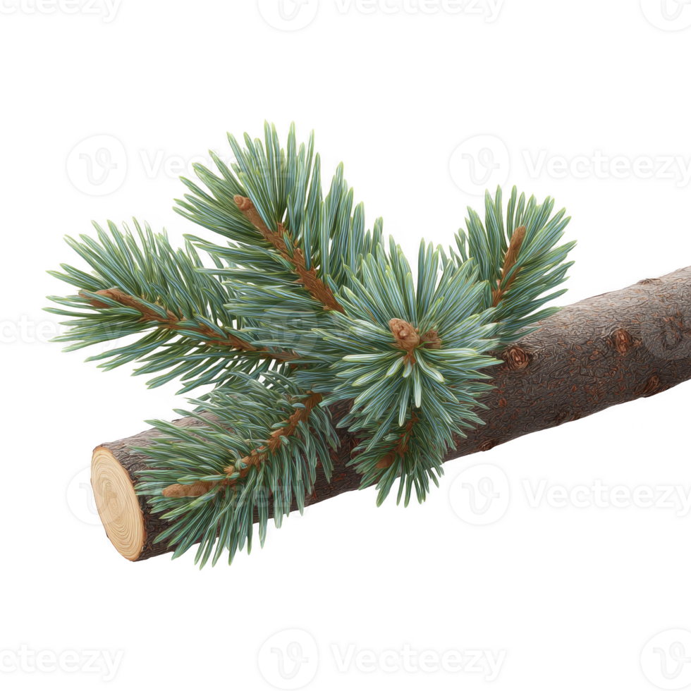 Realistic illustration of pine branch with green needles and textured brown stem, showcasing natural details and vibrant colors png