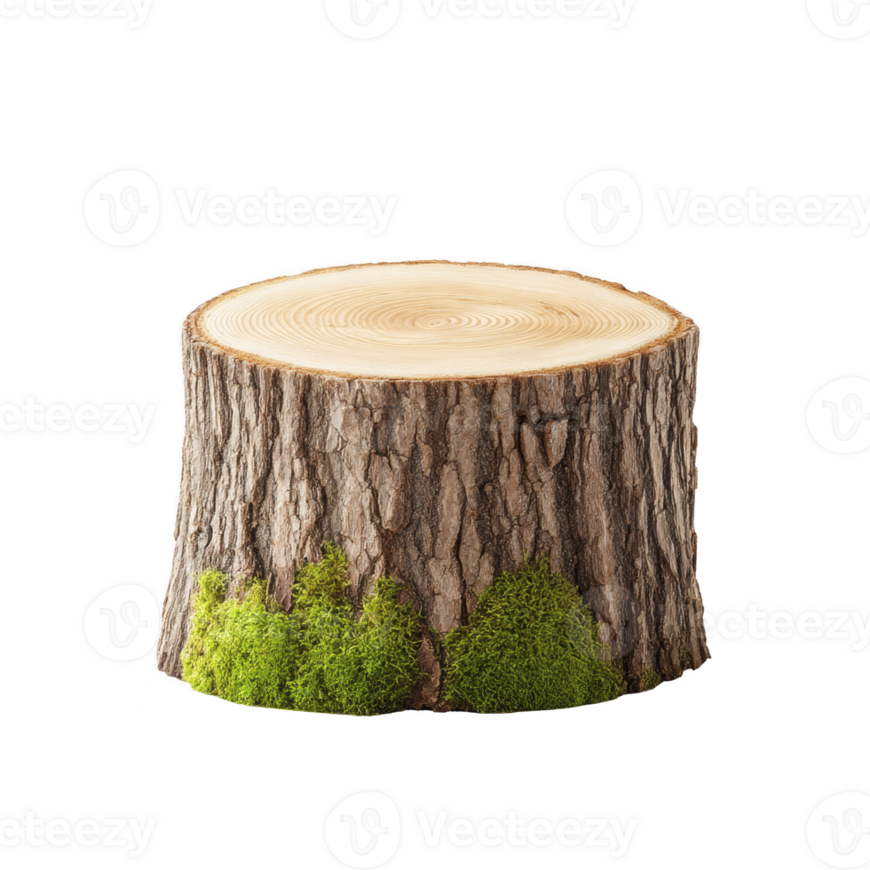 Tree stump with visible growth rings and moss at base creates natural and rustic appearance. texture of bark and vibrant green moss add to its organic charm png