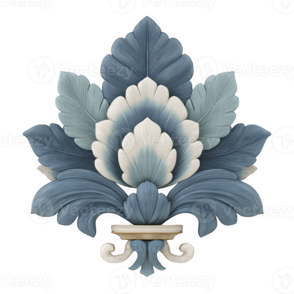 Intricate blue and white floral ornament with layered petals and elegant curves, resembling decorative wall motif. design features symmetrical arrangement, creating harmonious and artistic png