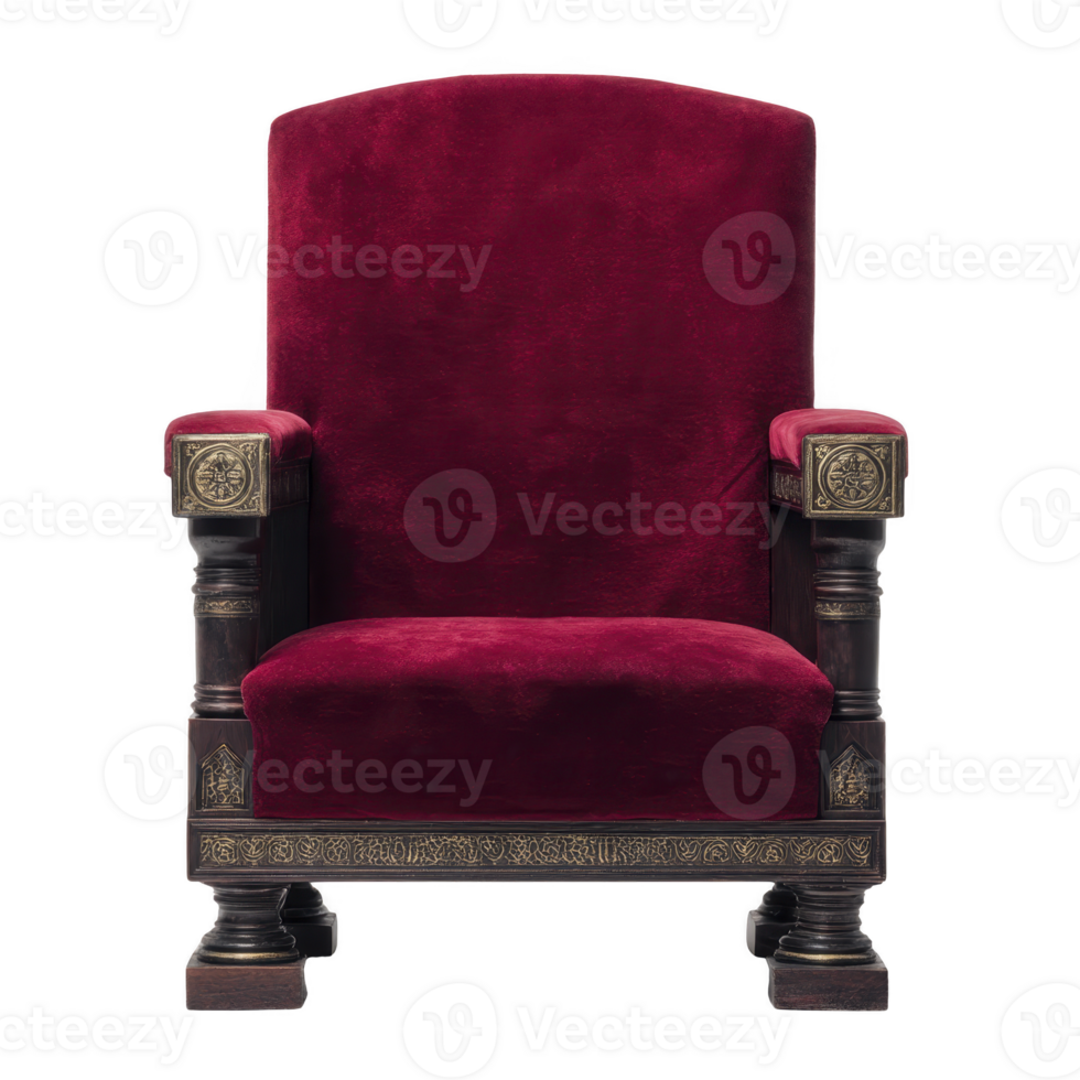Luxurious red velvet armchair with ornate wooden carvings exudes elegance and sophistication, perfect for regal setting or classic interior design png