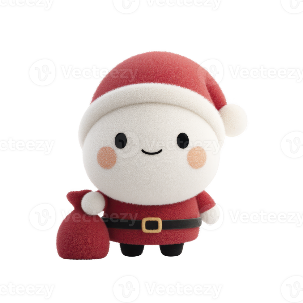 This features cute, cartoon style Santa Claus character with red suit and hat, holding small red sack. character has round, smiling face and cheerful expression png