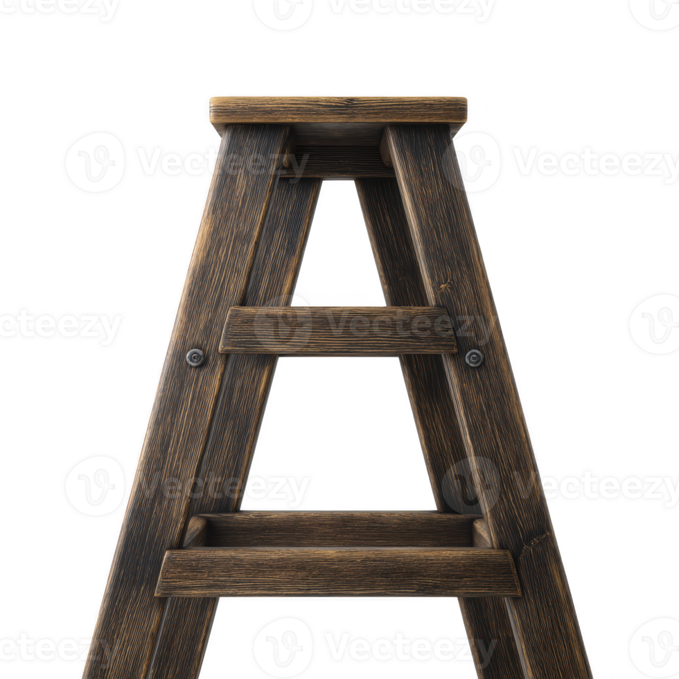 Wooden ladder with rustic finish stands against plain background, showcasing its sturdy construction and natural texture. ladder dark wood and simple design evoke sense of vintage charm png