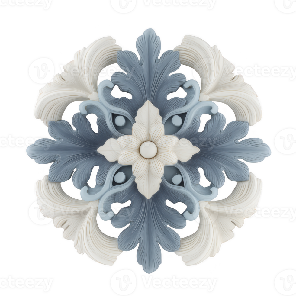 Intricate, symmetrical floral design features blue and white leaf patterns, creating elegant and decorative motif. ornate details and soft colors evoke sense of classic beauty png