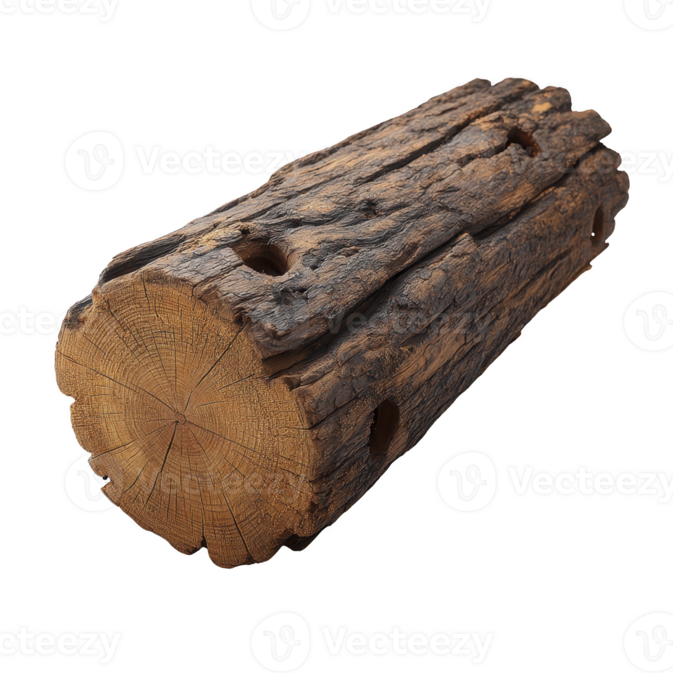 Rustic, weathered wooden log with visible rings and cracks, showcasing natural textures and earthy tones, perfect for nature themed designs or rustic decor png
