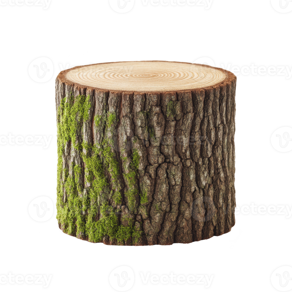 Tree stump with moss on its bark, showcasing natural textures and growth rings. stump is isolated on transparency background, highlighting its earthy appearance png