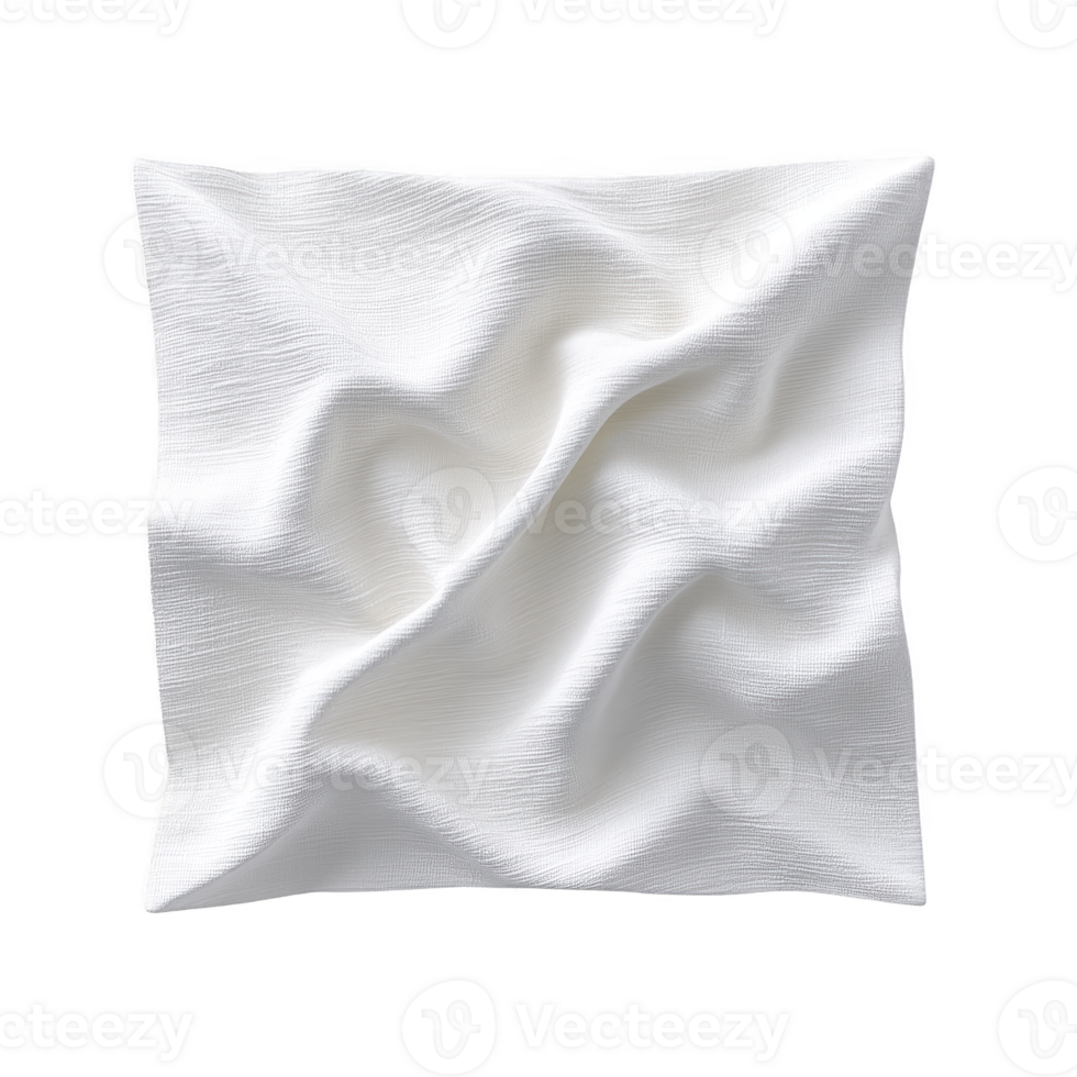 Crumpled white fabric square with textured surface, isolated on transparency background, showcasing folds and shadows. fabric appears soft and lightweight png