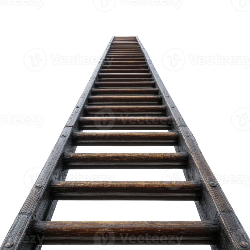 Wooden ladder extends upwards into transparency background, symbolizing ambition and progress. perspective creates sense of infinity and aspiration png