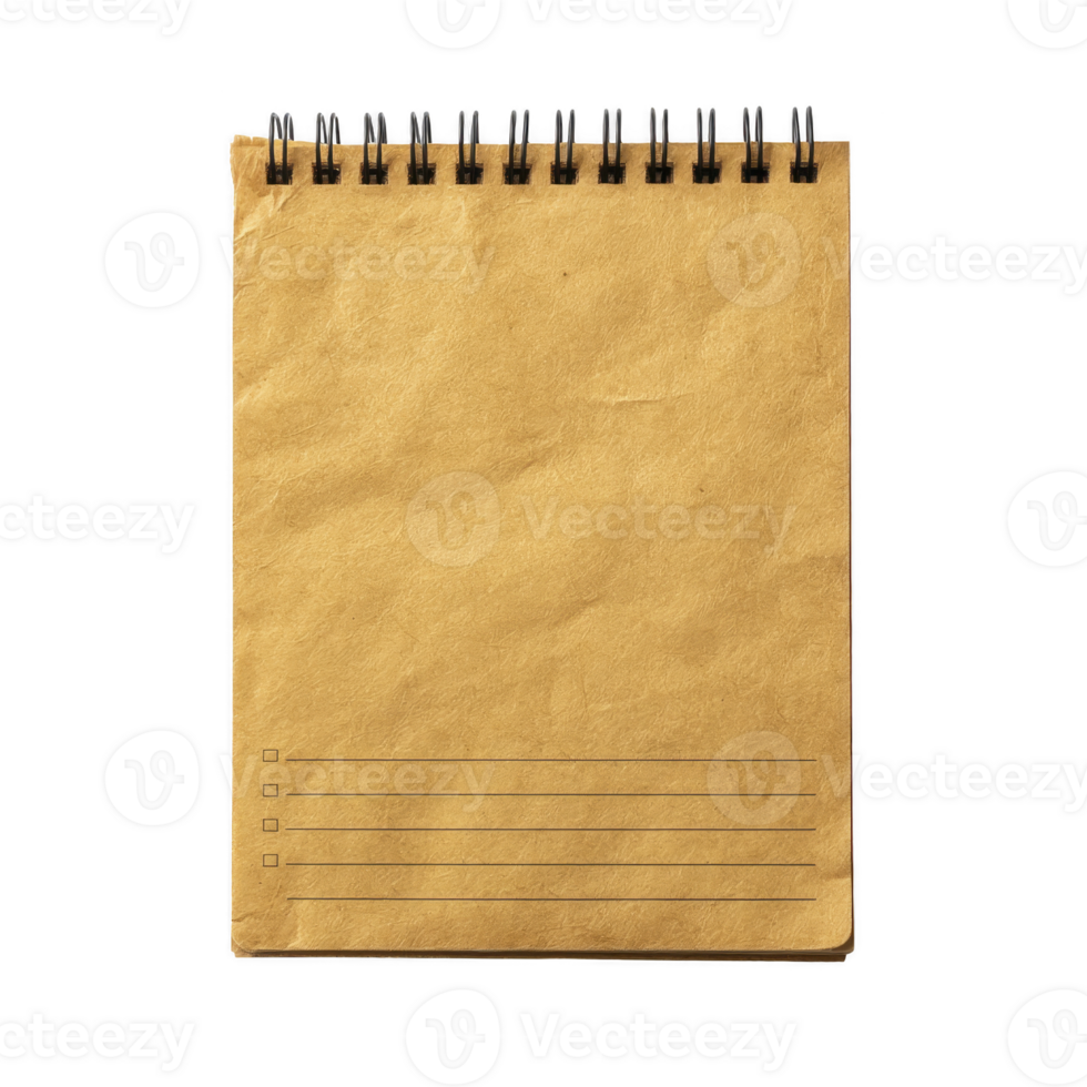 Brown spiral notebook with textured cover and lined pages is shown, ideal for notes or sketches. simple design is practical for everyday use png
