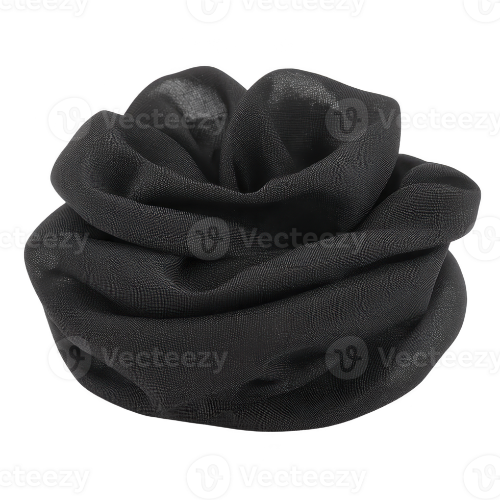 Black, sheer fabric scrunchie with delicate, lightweight texture is elegantly coiled, resembling rose. soft material adds touch of sophistication to any hairstyle png